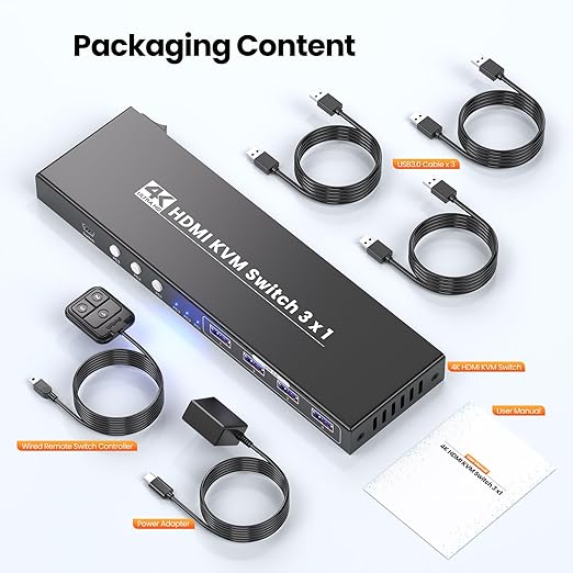 4K60Hz HDMI KVM Switch 1 Monitor 3 Computers, USB 3.0 3 Port KVM Switch - Control 3 Computers with 1 Monitor, Keyboard and Mouse, 4-Port USB 3.0 Hub