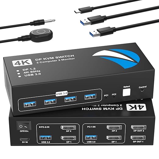 DisplayPort KVM Switch 2 Monitors 2 Computers, 4K@60Hz KVM Switches Dual Monitor with 4 USB3.0 Port Sharing Keyboard Mouse Printer, Computer Switch Monitor Switch for 2 Computers, DisplayPort Switch