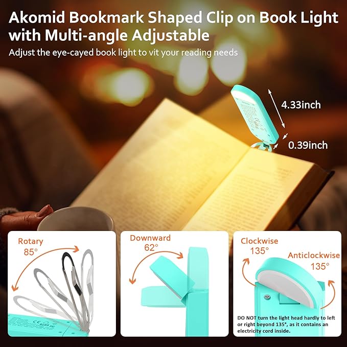 Akomid USB Rechargeable Book Light for Reading in Bed, 8 LEDs Bookmark Style Clip on, Eye-Cared Amber Light Mode for Kids, Blue Light Blocking, Stepless Dimming, Lake Blue
