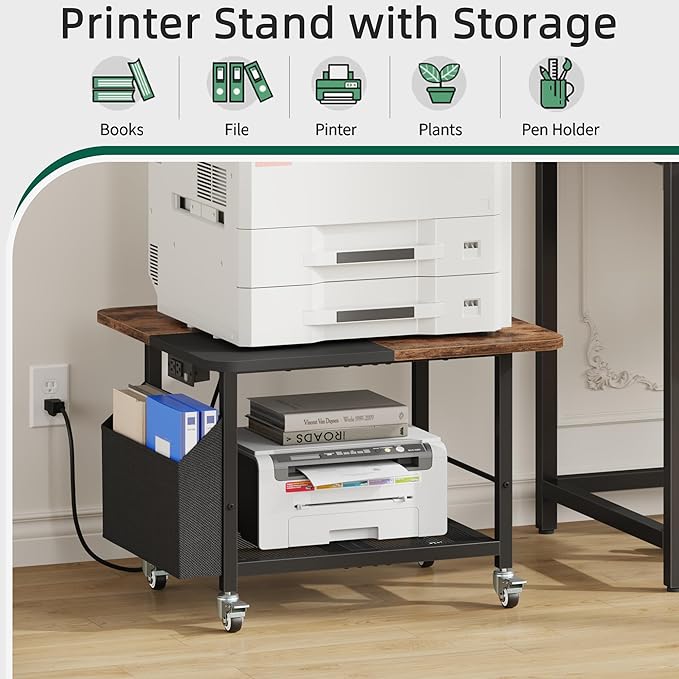 YAOHUOO 23.6"×23.6" Large Priner Stand with Power Outlet, Printer Table with Storage Side Pocket, Heavy Duty Rolling Cart for Home Office 3D Printer/Laser/Heat Press Table, Rustic Brown