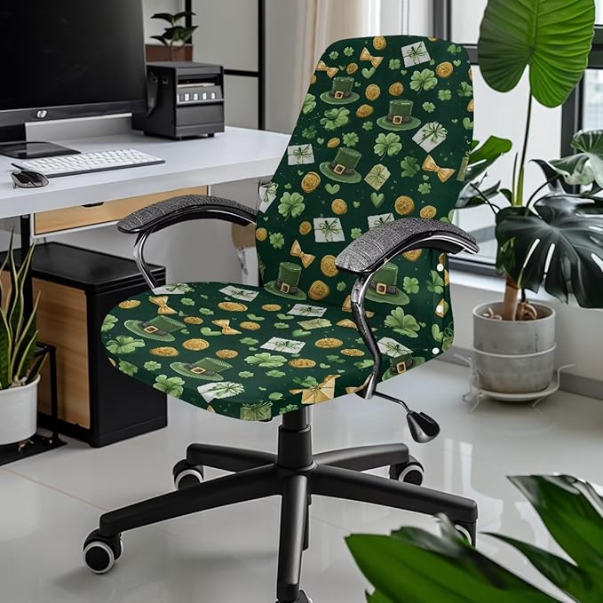 Talayituse Shamrock Hat Letter Coin Print Office Chair Covers, Stretch Computer Chair Cover Universal Boss Chairs Covers Modern Simplism Style High Back Chairs Slipcover St Patrick's Day Decor, Small
