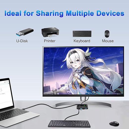 USB Switch, USB Switcher 2 Computers, USB 3.0 Switch Sharing 4 USB Devices KVM Switcher Box for PC, Printer, Scanner, Mouse, Keyboard with 2 Pack USB Cable, Compatible with Mac/Windows/Linux