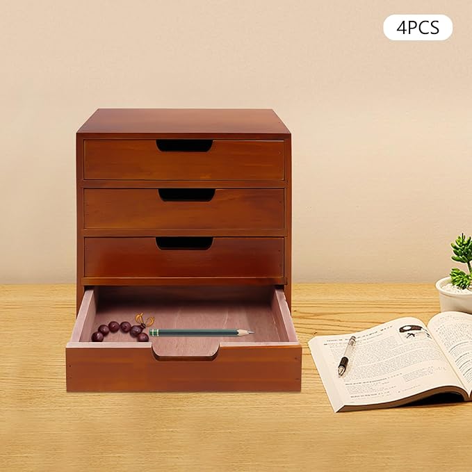 4 Pcs Drawer Cabinet Set, Wooden Storage Box Rustic Desktop Organizer, Mahogany Wood Stackable Units, Small Craft Storage Containers Apothecary Cabinet and Chest Jewelry Holder