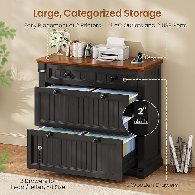 SEDETA 4 Drawers File Cabinet, 33" Farmhouse Filing Cabinets for Home Office fit Legal/Letter/A4 File, Wood Office File Cabinet with Power Outlets, Printer Stand with Storage, Black+Brown