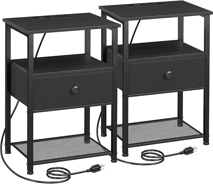 LOAKEKEL Night Stand Set 2, Nightstand with Charging Station, End Tables Living Room with Fabric Drawer for Small Spaces, Bed Side Tables with Storage Shelf for Bedroom, Black, HETS010BK