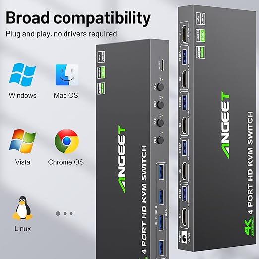 4 Port HDMI KVM Switch 4K@60Hz, Simulation EDID, ANGEET USB3.0 KVM Switches for 4 Computers Share 1 Monitor and Keyboard Mouse Printer, with Wired Remote,12V Power Adapter and 5 Cables