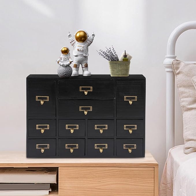 Vintage Desktop Apothecary Cabinet with 12 Drawers,Wood Desktop Organizers Stackable Drawers Desktop Chest Drawer for Herb Storage,Tea Collection,Stationery (12 Drawers,Black)