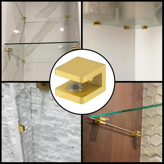 6 Pack Adjustable Glass Shelf Brackets Clamps Support Bracket Hardware Replacement Parts Suitable for 5-8mm Thickness Glass Shelves (6, Gold)