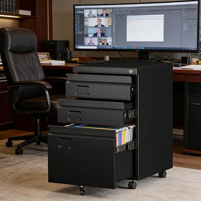 SUXXAN 3 Drawer File Cabinet with Lock, Heavy Duty Metal Mobile Filing Cabinet for Home Office, Under Desk Storage Organizer with Name Holder, Fits Legal/Letter/A4 Size, Assembly Required