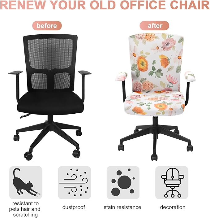 Tallew 4 Pcs Office Chair Covers Set Computer Universal Protective Stretchable Chair Seat Covers Desk Armrest Cover Pads Office Cushion Backrest for Rotating (Flower,Colorful)