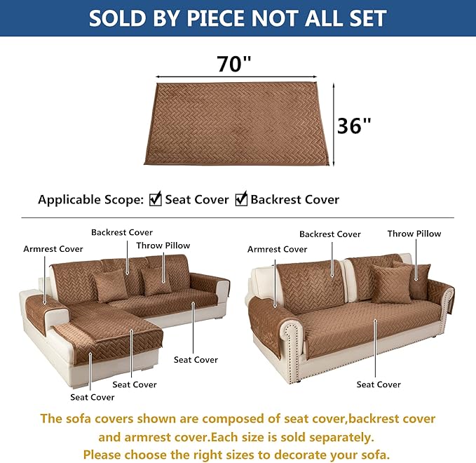 Eismodra Couch Cover,Sectional Couch Covers,Sofa Covers for 3 Cushion Couch,Anti-Slip Sofa Slipcovers for Dogs Cats Kids Loveseat Recliner L Shaped Armrest Backrest,Brown 36''x70''(Only 1 Piece)