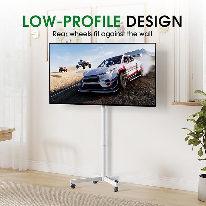 Mobile TV Cart Rolling TV Stand for 23-60 Inch LCD LED OLED Flat Curved Screens up to 88 lbs, Height Adjustable Portable TV Stand on Wheels, Outdoor TV Stand Mount, Max VESA 400x400mm, White