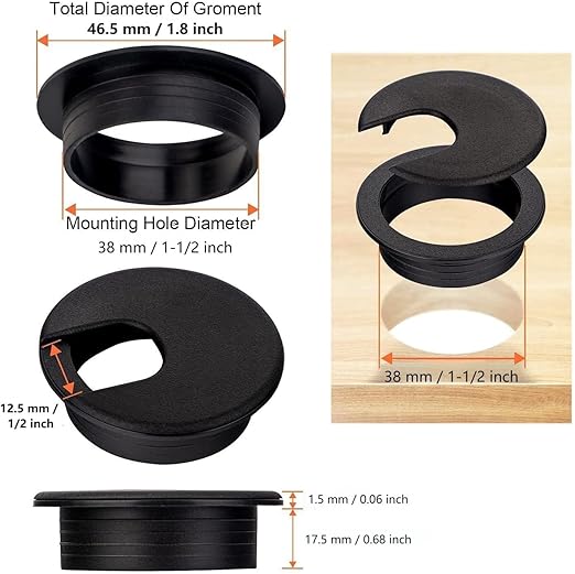 20 Pack Round Plastic Desk Grommets, Black Wire Organizer Caps, PC Computer Port Cable Hole Cover Plug Bushings, Perfect for Office Desk, TV Stands, Tabletops (38 mm / 1-1/2 inch)