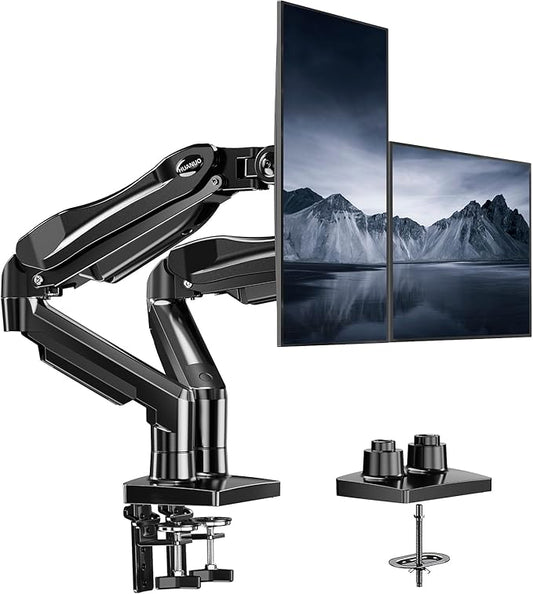 HUANUO Dual Monitor Stand, Fully Adjustable Gaming Monitor Desk Mount for 13–27″ Computer Screens, Full Motion VESA 75x75/100x100 with C-Clamp & Grommet Base, Each Arm Holds 4.4 to 19.8 lbs