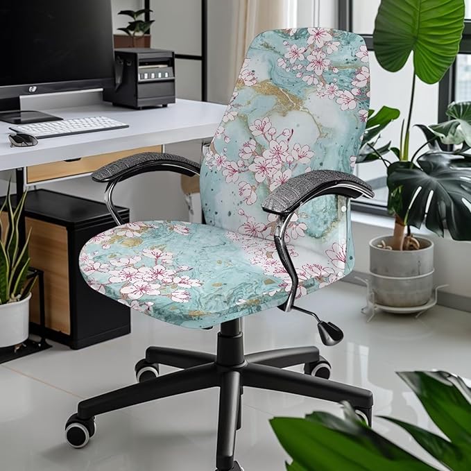 Talayituse Cherry Blossom Marble Print Office Chair Covers, Stretch Computer Chair Cover, Universal Boss Chair Covers Modern Simplism Style High Back Chair Slipcover, Large
