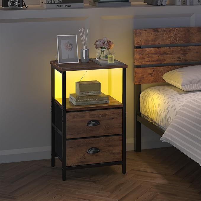 sthmec Nightstand with Charging Station, Night Stand with 2 Fabric Drawers, Bedside Table End Table with LED Light, 3-Tier Storage Side Table Nightstand with Drawers for Bedroom,Rustic Brown