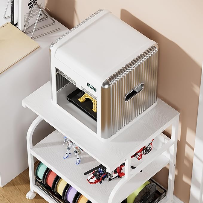 VECELO Adjustable Large Printer Stand with Power Outlet, 3-Tier Heavy Duty Cart on Lockable Wheels, Office Storage Table for Home Office, 3D Printer, Fax Machine, Scanner, Classic White