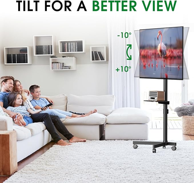 Mobile TV Cart Rolling TV Stand for 23-60 Inch LCD LED Flat Curved Screens up to 88 lbs, Height Adjustable Portable TV Stand on Wheels with Shelf, Outdoor TV Stand Mount, Max VESA 400x400mm, Black