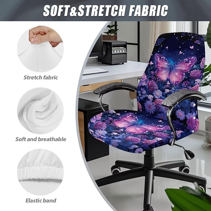 Talayituse Butterfly Rose Daisy Flower Print Office Chair Covers, Stretch Computer Chair Cover, Universal Boss Chair Covers Modern Simplism Style High Back Chair Slipcover, Small