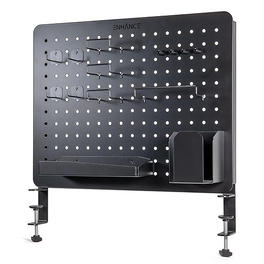 ENHANCE Metal Pegboard Desk Organizer (18 x 14 in) Clamp On Desk Peg Board with 14 Attachments, Pegboard Shelf and Pegboard Hooks, Desktop Organizer for Home Office, Crafts, or Gaming Setups