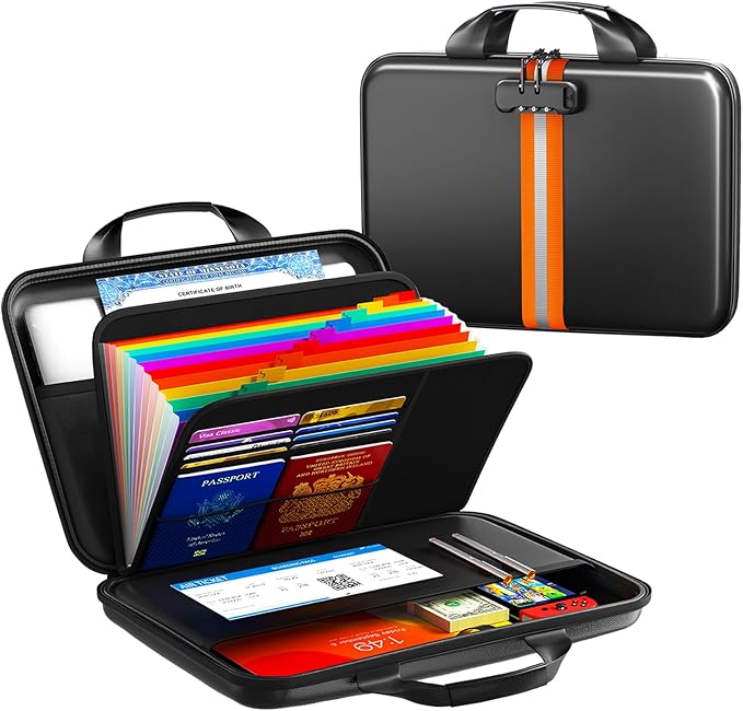 Fireproof Document Organizer with Lock, Rigid EVA File Box with 13-Pocket Accordion Folder for Important Documents & Tablets under 11", Lightweight Safe Storage for Home, Office & Travel (Small Size)