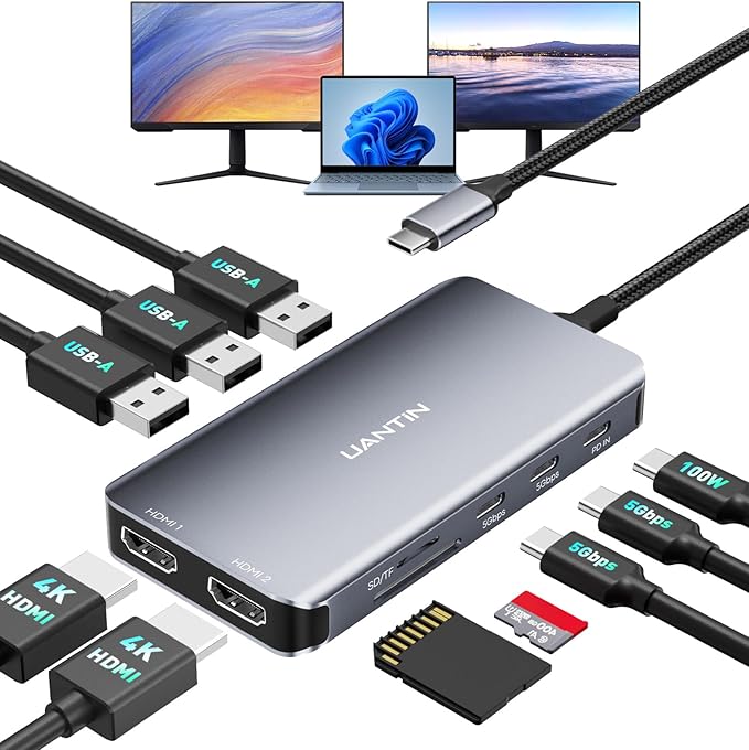 UANTIN USB C Docking Station Dual Monitor, 10-in-1 USB C to Dual HDMI Adapter with 2HDMI Ports, USBC & USBA 3.0, SD/Micro SD, 100W PD, Laptop Docking Station for Dell XPS/HP/Lenovo/Mac/Surface etc