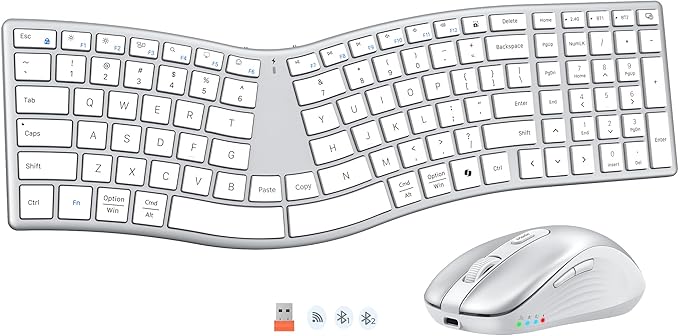 MEETION Ergonomic Keyboard and Mouse Wireless, Split S-Curve Design, 2.4G Wireless & Dual Bluetooth, Slim Low-Profile Rechargeable Full Size Keyboard, 4 DPI Mouse for Windows Mac PC Laptop, White