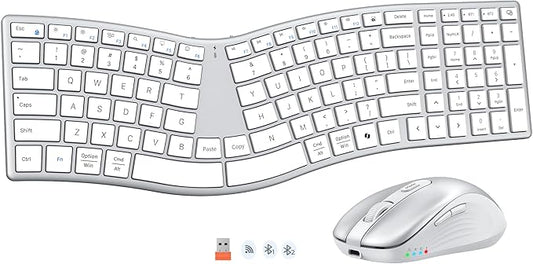 MEETION Ergonomic Keyboard and Mouse Wireless, Split S-Curve Design, 2.4G Wireless & Dual Bluetooth, Slim Low-Profile Rechargeable Full Size Keyboard, 4 DPI Mouse for Windows Mac PC Laptop, White