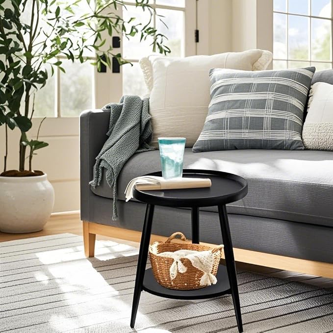 Black Side Table, Modern Side Table 2-Tier, Small Round End Table for Living Room, Metal Frames