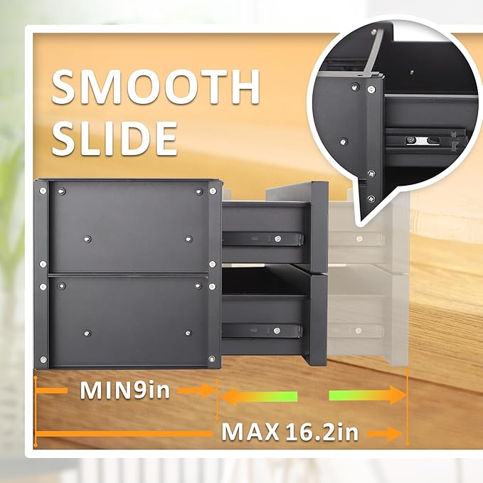 15 in 2-tier Under Desk Drawer,Adjustable Height, Under Desk Drawer Slide Out with Slide Extension Mounted Under Flat Wooden Table, Carbon Steel Hidden Desk Drawer for Office & Home
