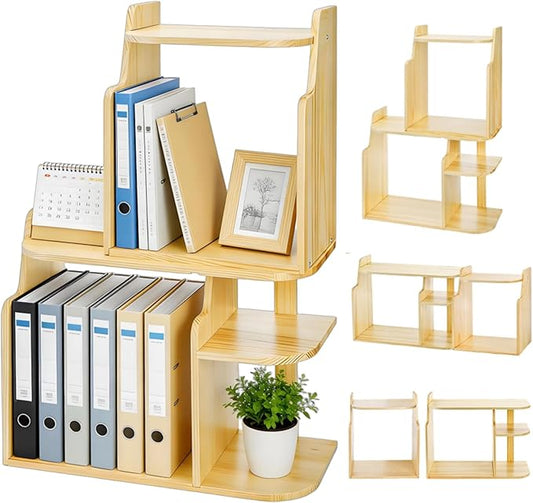 Desk Shelf Organizer, Adjustable Wood Desktop Organizers, Office Storage Rack, Small Tabletop Bookshelf, Freestanding Corner Display Shelf, Multi-Combination Desk Hutch for Dorm Home Study