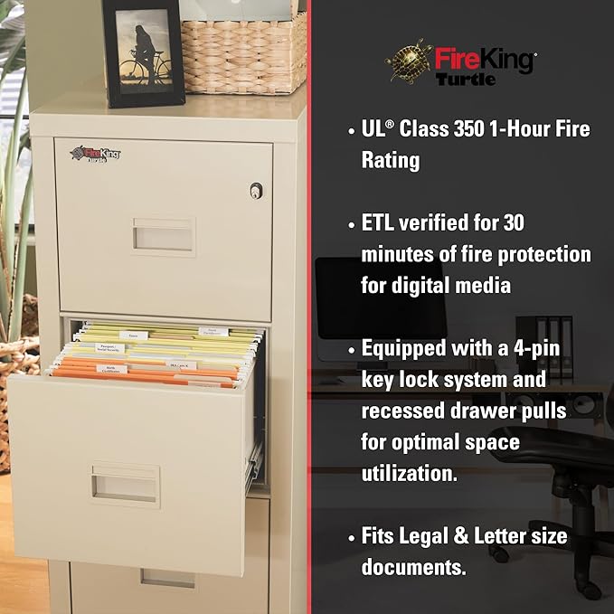 FireKing Turtle Vertical 2 Drawer Legal and Letter Fire Safe File Cabinet with Key Lock, 1 Hour Fire Rated, UL Rated & Water Resistant Home Safe, Filing Cabinet, Made in The USA, Black