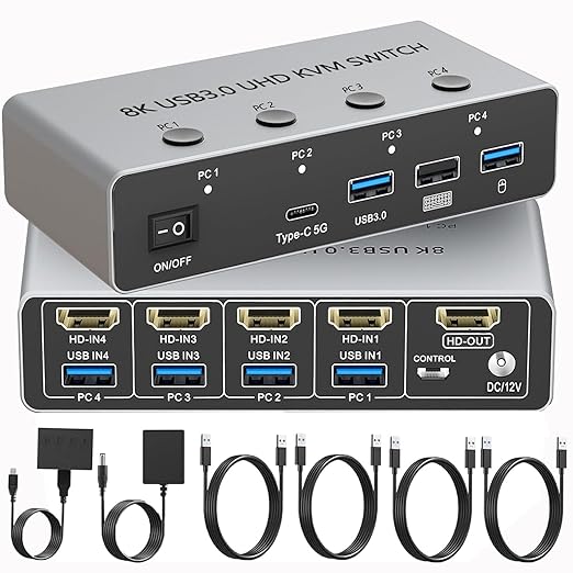 【4PC Switch】HDMI 2.1 KVM Switch 4 Computers Share 1 Monitor, 8K@60Hz HD Switch with 3 USB 3.0 & 1 Type-C Hub, Wired Remote, Control Keyboard Mouse Printer, Aluminum Shell, Compatible with Mac Windows