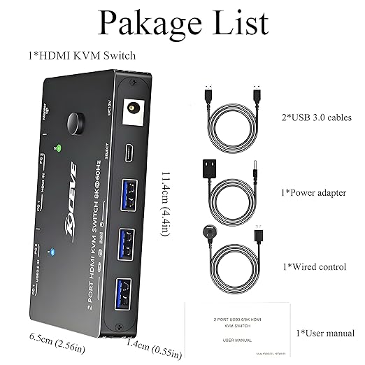 8K@60Hz HDMI KVM Switch 1 Monitors 2 Computers USB 3.0 KVM Switches HDMI Port for Two Computers Share Single Screen and 3 USB 3.0 Port, Plug and Play, Includes 2 USB Cables and Controller