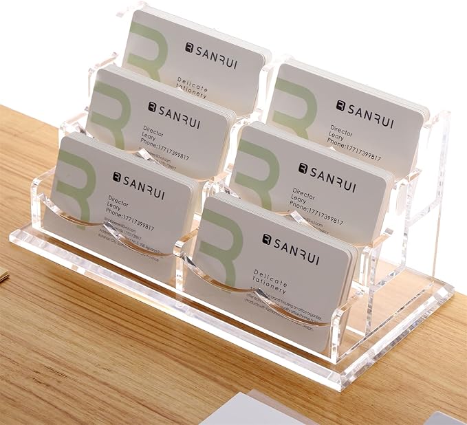 SANRUI Acrylic Business Card Holder for Desk, Clear Display Stand with 6 Slots, 3-Tier Horizontal Name Card Stands, Office Desk Organizer for Women & Men , Holds 50 Cards Each Pocket