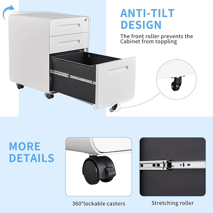 Letaya File Cabinet, 3 Drawer Filing Cabinets for Home Office with Lock Mobile Under Desk Fully Assembled Cabinet (White)
