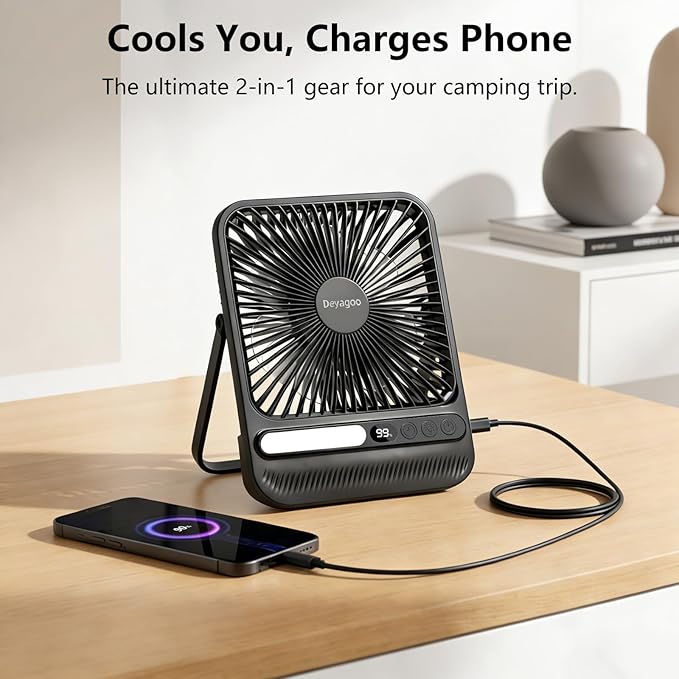 Deyagoo Travel Fan,7-Inch Camping Fan, Rechargeable Fan, 28H 10000mAh Ultra-Thin Quiet USB Desk Fan with Timer & LED Display for Bedroom, Office, Camping