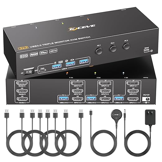 KVM Switch 3 Monitors 3 Computers 4K@60Hz,EDID Simulation,HDMI Displayport Triple Monitor KVM Switch,3 Monitor KVM with 4 USB 3.0 Ports for Keyboard Mouse, Wired Remote and 3 USB3.0 Cables Included