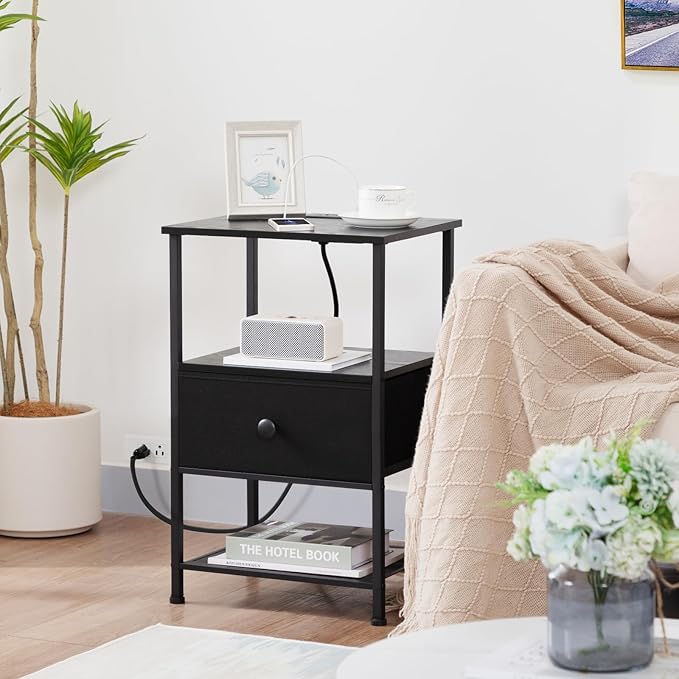LOAKEKEL Night Stand Set 2, Nightstand with Charging Station, End Tables Living Room with Fabric Drawer for Small Spaces, Bed Side Tables with Storage Shelf for Bedroom, Black, HETS010BK