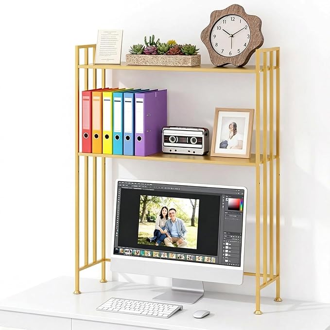 Adjustable Desk Hutch Dorm 2-Tier Rust-Proof Iron Desk with Hutch & Desk Shelf for Top of Desk | Multi-Surface Organizer for Office, Kitchen（Gold）