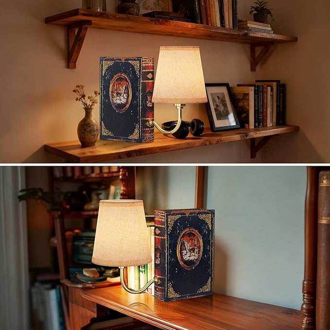 Gold Warm Light Vintage Bookshelf Lamp Rechargeable, Cordless Bookcase Lamp with Linen Shade, Dimmable Touch Control Table Lamp, Modern Decorative Bookend, Bookshelf Lights for Office Home