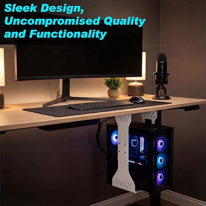 Heavy Duty Adjustable Under Desk PC Holder 7.5 to 12 Inch Wide, Supports up to 80 Lbs Load Capacity, Under Desk PC Mount, Wall Mount Space Saving Computer Case Tower Holder-White