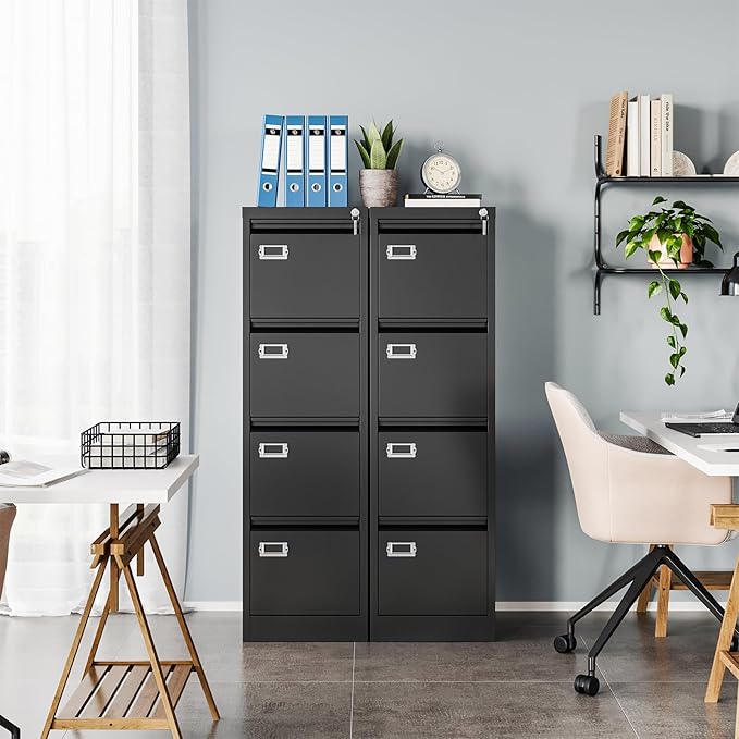 MIIIKO 4 Drawer Filing Cabinets with Lock, Metal File Cabinet with 4 Drawers, Home Office File Folders Cabinet for Letter Legal A4 File Size