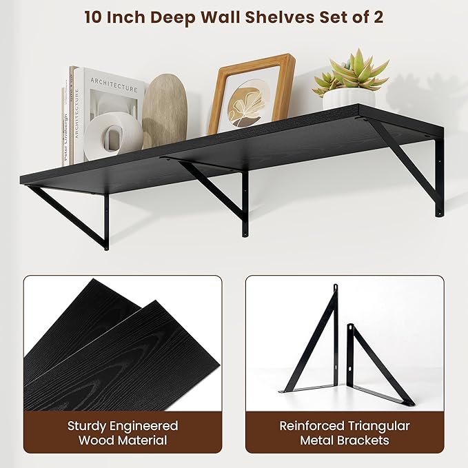 Axeman Deep Floating Shelves | 40 Inch Black Wall Shelves Set of 2 | 10 Inch Deep Rustic Wood Shelves for Wall | 40'' W x 10''D Black Shelves for Living Room Bathroom Kitchen