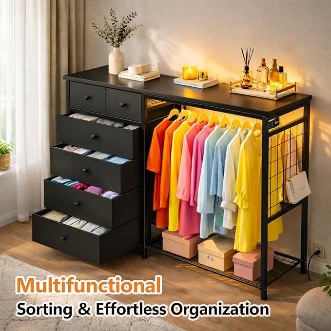 Simple Deluxe Storage Clothes Rack with 6 Drawers, Charging Station & LED Lights, Fabric Chest Shelves Clothing Rack, Wooden Portable Wardrobe Closet, 49.2" W x 15.7" D x 47.2" H, Black