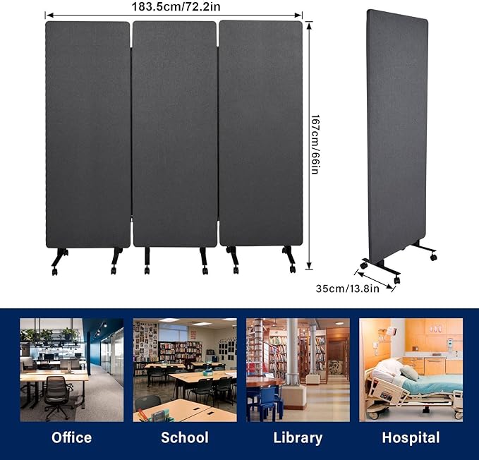 3-Panel Soundproof Room Divider with Wheels, 72inch Room Divider Privacy Panel, Heavy-Duty Acoustic Partition Temporary Wall for Noise Reduction, Portable Divider for Home, Classroom, Dark Grey