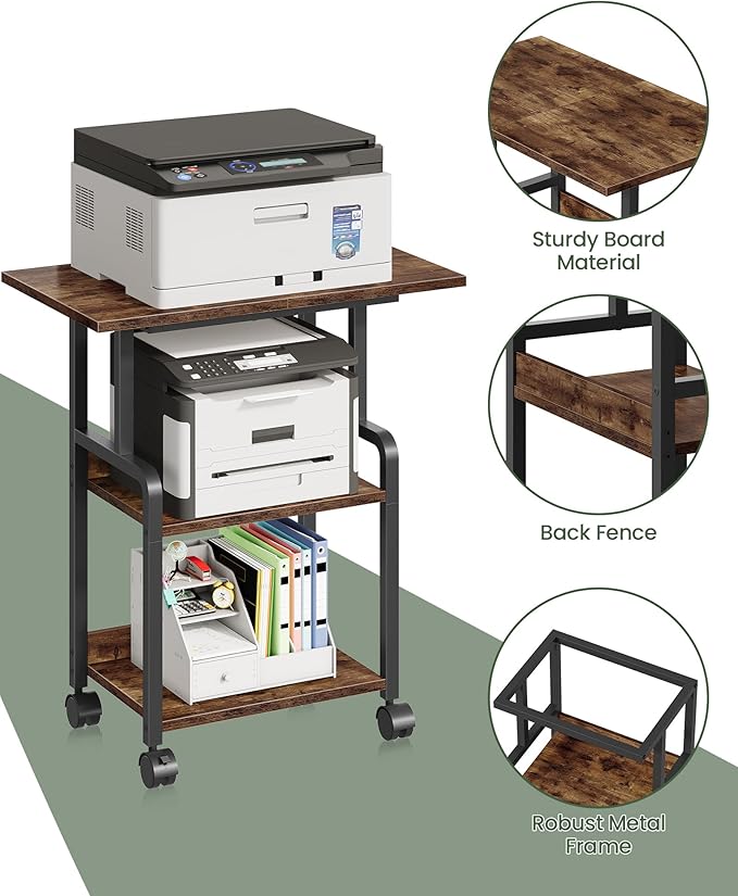 CHOEZON 23.6-in Printer Stand with Storage, 3-Tier Printer Table for Home Office, Printer Cart Under Desk Storage, Suitable for Study, Kitchen, Living Room, Rustic Brown and Black TPS02BF