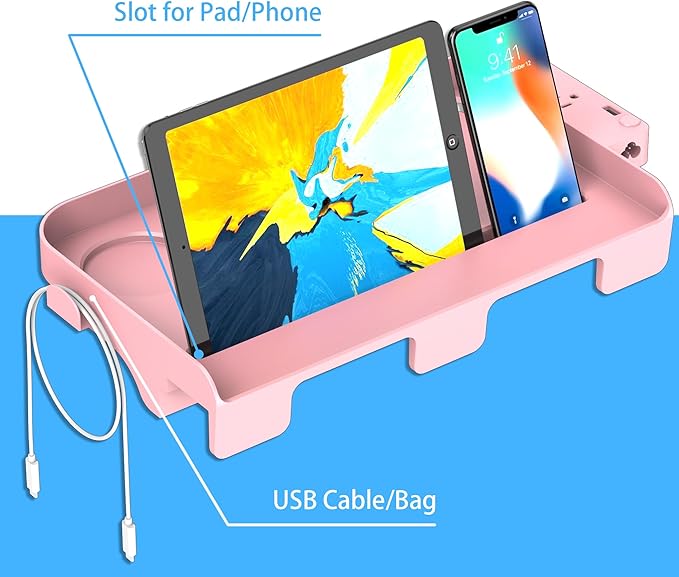 Hiree Bedside Shelf for Dorm Bunk Bed with USB Charging Port and 2 AC Outlets, Bed Side Table Tray Organizer, College Dorm Essential Clip On Bedside Tray, Loft Nightstand Decor, Plus Size, Pink