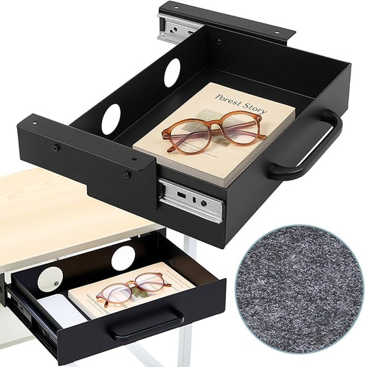 2 Pack Under Desk Slide out Drawer Storage Shelf, Carbon Steel Tray with Mute Felt Sheets, Pull out Organizer for Office Home Workstation Gaming Stand Desk, not easy to break,13×8×2.8 In(Black)