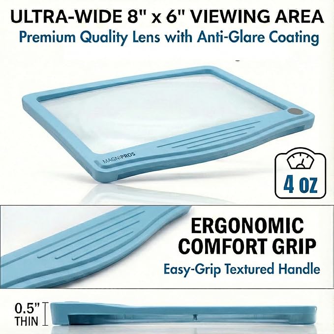 MagniPros 5X Rechargeable Large Ultra Bright LED Page Magnifier with Anti-Glare Lens & 3 Color Light Modes, Relieve Eye Strain- Ideal for Reading Small Print, Low Vision, Seniors